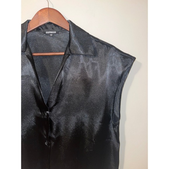 EXPRESS Black Satin Sleeveless Collared Button Up Shirt Top Women's Size Medium - Picture 3 of 8